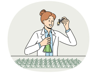 Woman agricultural scientist examines plants in laboratory, selecting new varieties of wheat. Concept of food technologies and use of genetic modification by scientists in selecting to fight hunger