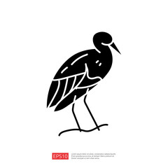A stylized black silhouette of a bird standing on one leg, showcasing its elongated neck and wings, suitable for graphic design or illustration purposes.