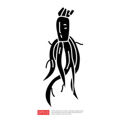 The image features a stylized, abstract representation of a squid, showcasing its body and tentacles in a bold, black silhouette.