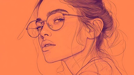 Naklejka premium Portrait of Woman with Glasses in Monochrome Line Art Style Intricate Details on Orange Background.