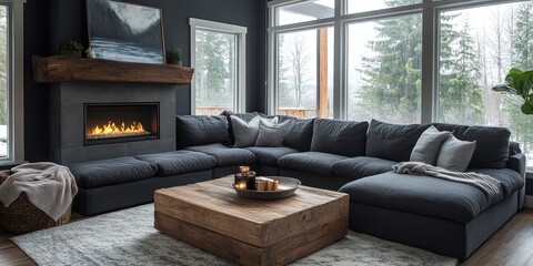 Obraz premium Cozy living room with modern decor and a warm fireplace during a snowy day in a tranquil forest setting