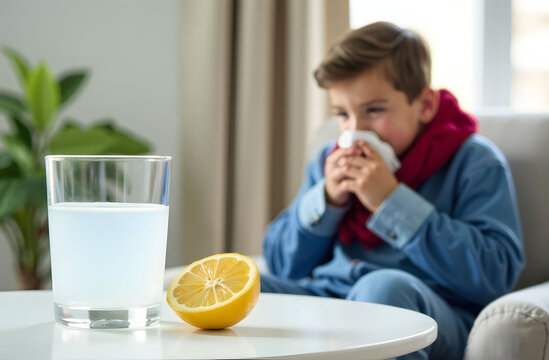 Glass of antipyretic medications for colds and flu. Sick boy in a chair being treated at home. 