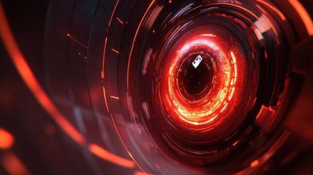 A futuristic, glowing red circular design with intricate patterns, suggesting technology and energy.