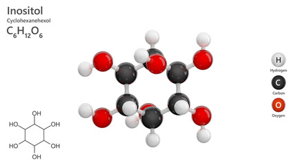 Molecule: Inositol or myo-inositol. Isomer of glucose. Molecular structure. Formula: C6H12O6. Chemical model: Ball and stick. White background. 3D illustration.