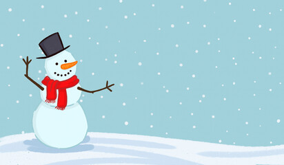 Cheerful snowman with red scarf in a snowy winter scene