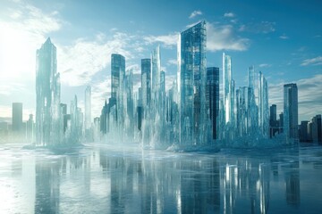 Futuristic skyline of melting ice towers urban cityscape digital artwork radiant atmosphere aerial view conceptual environmental dystopia