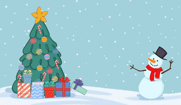 Christmas tree with gifts and a snowman in a snowy scene.