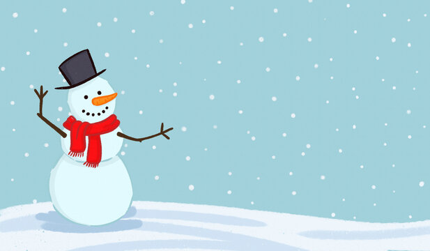 Cheerful snowman with red scarf in a snowy winter scene