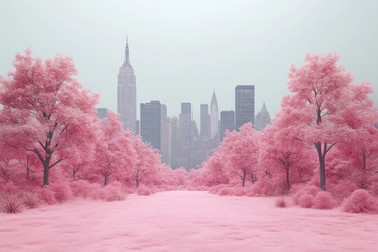 A surreal landscape featuring pink trees with a city skyline in the background.