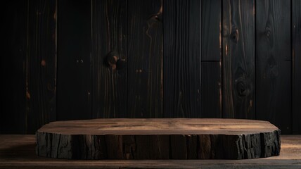 podium product background showing old black wood for presentation