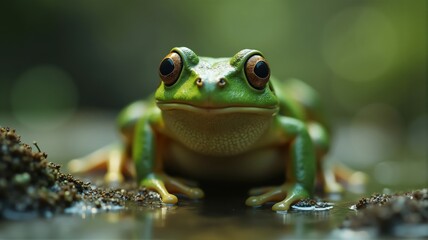 Naklejka premium Green frog resting on wet ground in nature