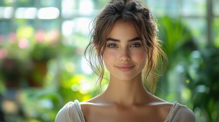 Fototapeta premium Smiling Professional Woman in Indoor Garden with Greenery Background