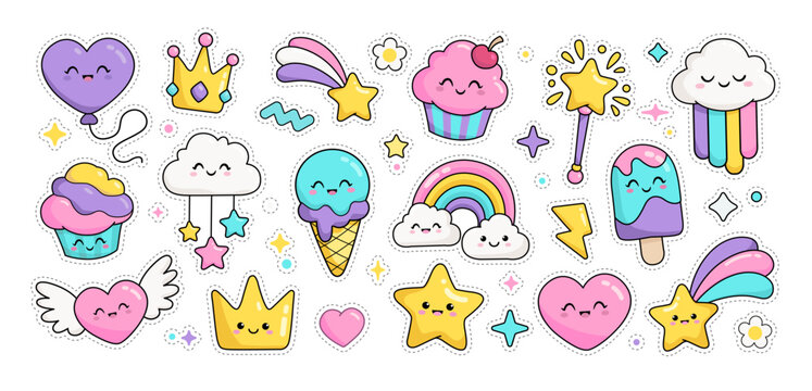Collection of kawaii style rainbow, cupcake, cute ice cream, magic wand, princess crown, cute desserts characters. Hand drawn kawaii stickers pack or pattern for kids design, print fabric