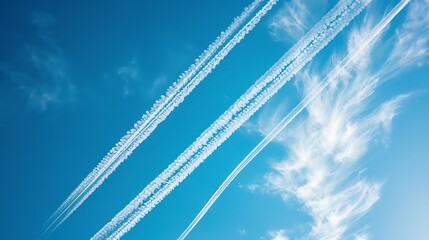 Contrails from planes in the blue sky