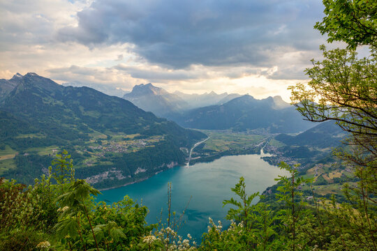 Scenic view of the Rautispitz summit and Lake Walen from Chapf viewpoint in Switzerland