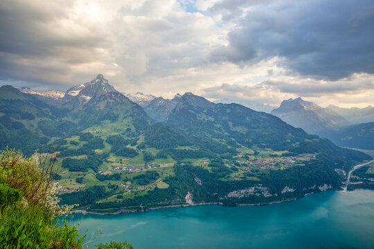 Scenic view of Lake Walen and mountains from Chapf viewpoint in Switzerland