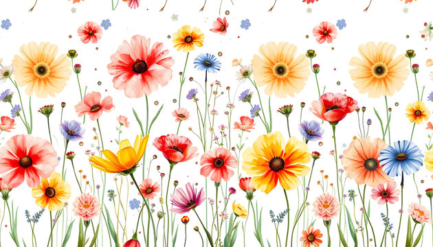 Watercolor seamless floral background. Colorful field flowers on white. Hand drawn pattern, mindfulness theme