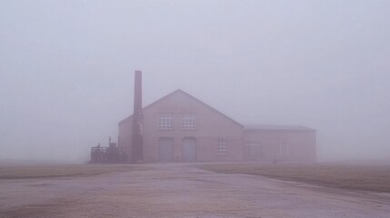 Misty Industrial Building in a Serene Landscape