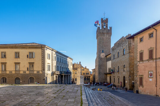 Clock tower of Palazzo Dei Priori in piazza della Liberta, Arezzo, Tuscany, Italy