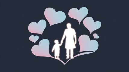 Parent and child glowing silhouettes with pastel heart shapes