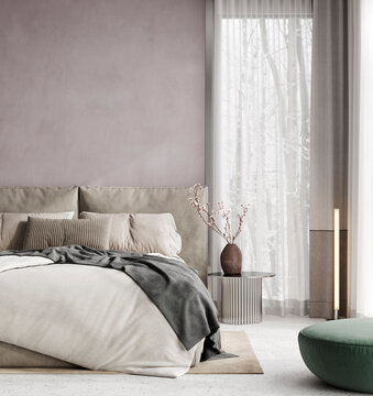 Cozy modern bedroom with neutral colors and soft lighting.