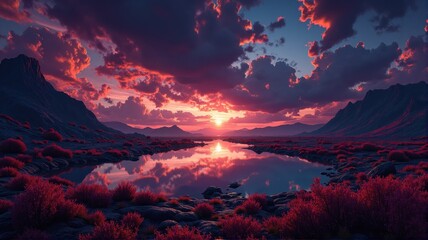 Fototapeta premium Majestic sunset reflecting on serene lake in a purple valley