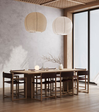 Japandi style living room with table and chairs, 3D rendering.