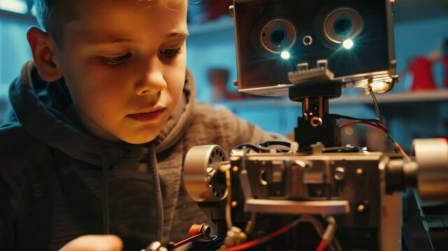 Young boy engages with robot in a technology workshop, exploring robotics and programming concepts after school hours