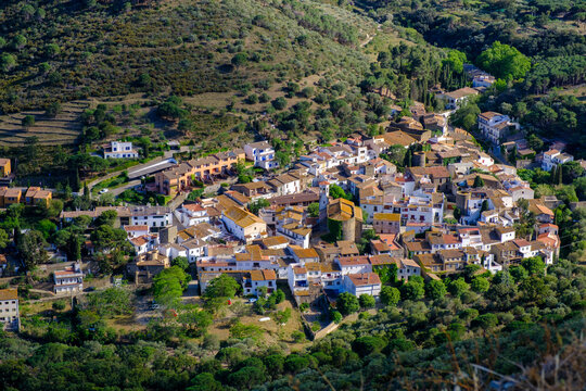 Aerial view of the village La Selva de Mar from Monestir de Sant Pere de Rodes in Costa Brava, Catalonia, Spain