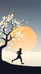 Abstract minimalist spring scene with a single, sharp silhouette of a running athlete and of a blooming tree on a vast light grey canvas, with subtle color gradients hinting at spring freshness