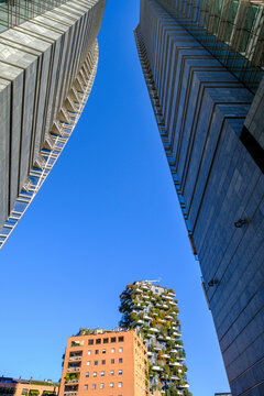 View of Bosco Verticale and surrounding buildings in Milan, Italy
