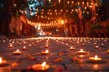 The street is illuminated by countless tiny lamps, with colorful flower petals scattered around, creating a festive atmosphere as night falls, celebrating a cultural event.