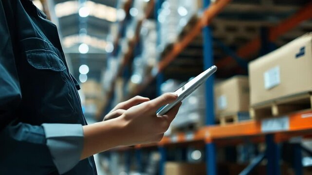 Logistics employee in uniform holds a digital tablet while monitoring inventory within a spacious warehouse, ensuring efficient management of stock and distribution processes