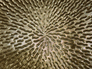 Close up of iron crafts, a wrought iron flattened to plate with sunburst pattern. In gold metallic paint glossy color, done by metalsmithing skill.