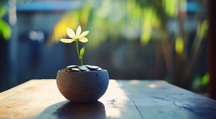 Small plant growing from a pot overflowing with coins representing financial growth