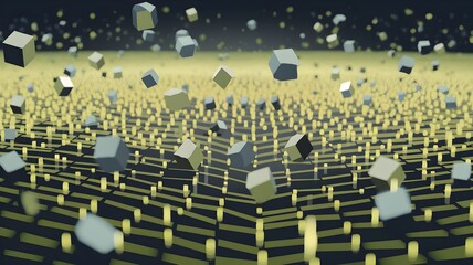 Geometric particles colliding in a glowing abstract field