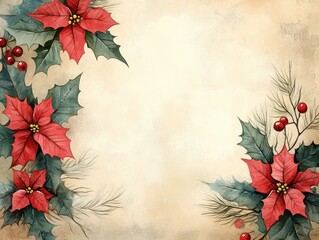 Vintage Christmas Card Design with Holly Poinsettias Watercolor Soft Lighting Blank Space