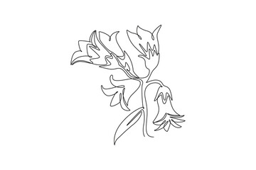 Single one line drawing of beauty fresh perenial plant for home art wall decor poster print. Printable decorative bluebell flower card ornament. Continuous line draw design graphic vector illustration