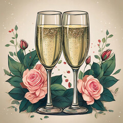 A romantic watercolor illustration featuring champagne glasses and roses, perfect for wedding stationery.