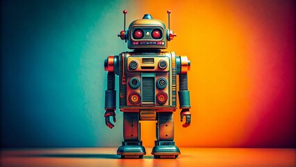 Fototapeta premium A Captivating Retro Futuristic Robot in Minimalist Style, Showcasing Intricate Details and Vibrant Colors, Perfect for Technology and Art Enthusiasts, Evoking Nostalgia and Innovation