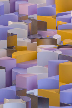 Abstract geometric pattern with purple and yellow curved elements