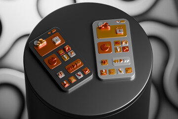 3D rendered phones on a podium with abstract background