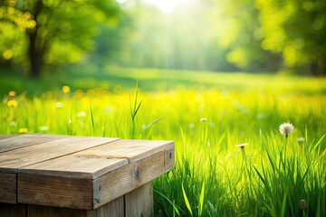 Fototapeta premium Serene Spring Meadow Product Photography: Wooden Table & Concrete Block Background