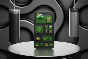 3D phone display with green app icons on a stylish podium