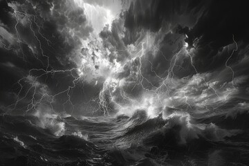 Wild waves surge on a turbulent ocean as dark clouds loom above, illuminated by vivid lightning flashes during an intense storm at dusk.
