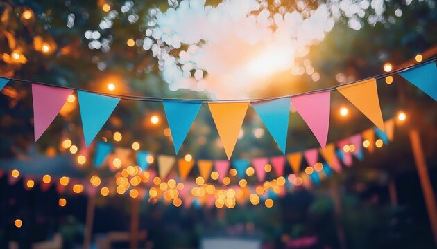 colorful triangular flags decorative outdoor party celebration vintage tone