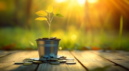 Plant sprouting from a pot of coins, captured from an angle to highlight growth