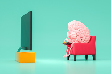 Surreal illustration of a brain playing videogames on a sofa