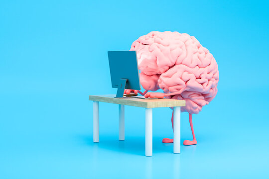 Illustration of a brain working on a computer at a desk