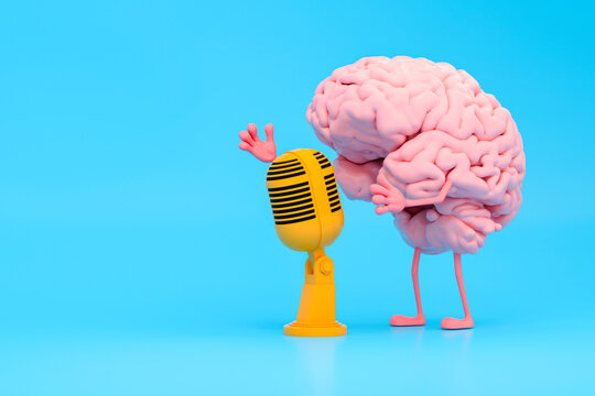 Cartoon brain podcasting with a yellow microphone